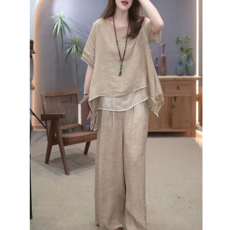 Elegante Conjunto de 2 Piezas de Lino de Algodón Suelto de Color Sólido para Mujer