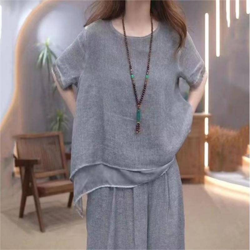 Elegante Conjunto de 2 Piezas de Lino de Algodón Suelto de Color Sólido para Mujer