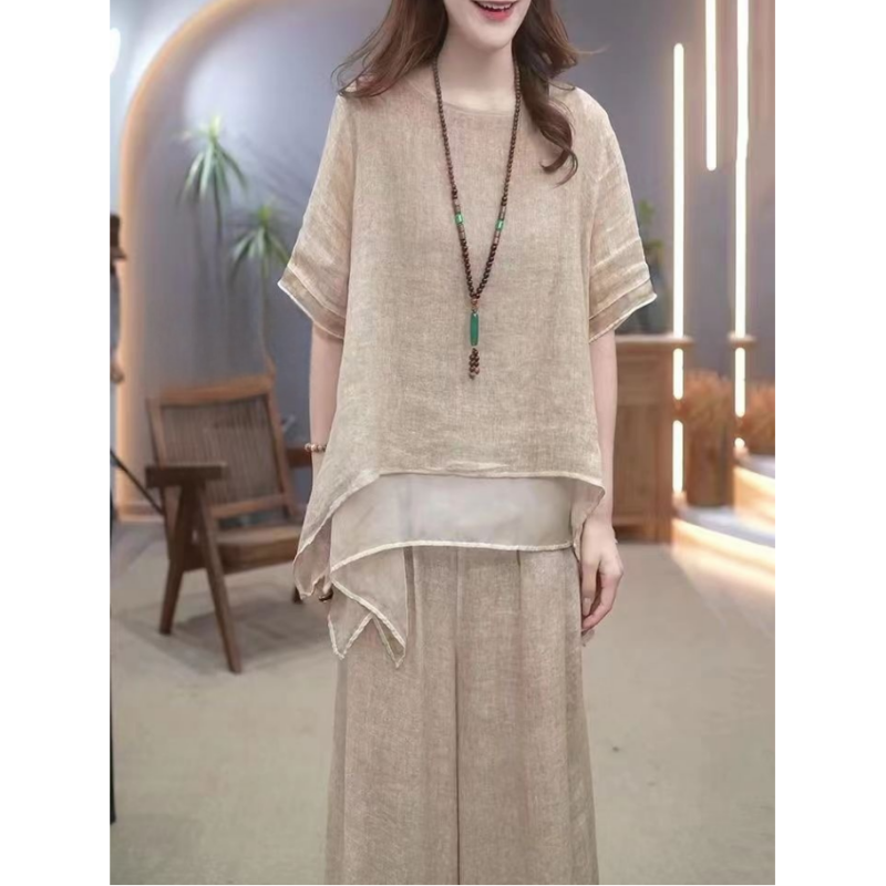 Elegante Conjunto de 2 Piezas de Lino de Algodón Suelto de Color Sólido para Mujer