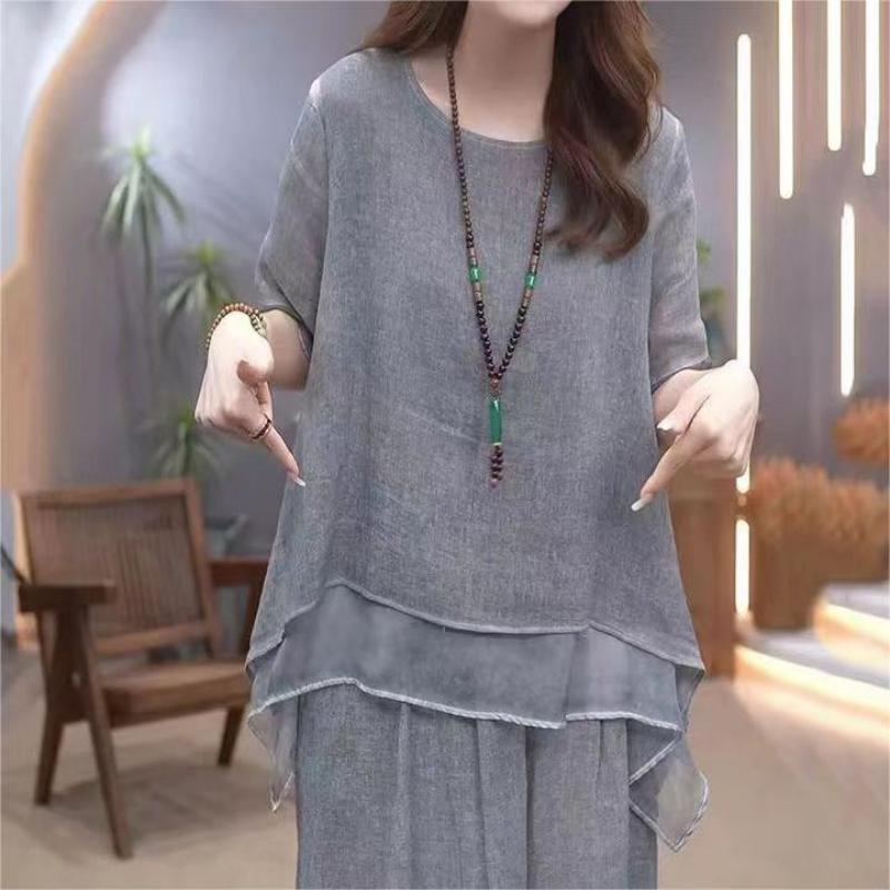 Elegante Conjunto de 2 Piezas de Lino de Algodón Suelto de Color Sólido para Mujer