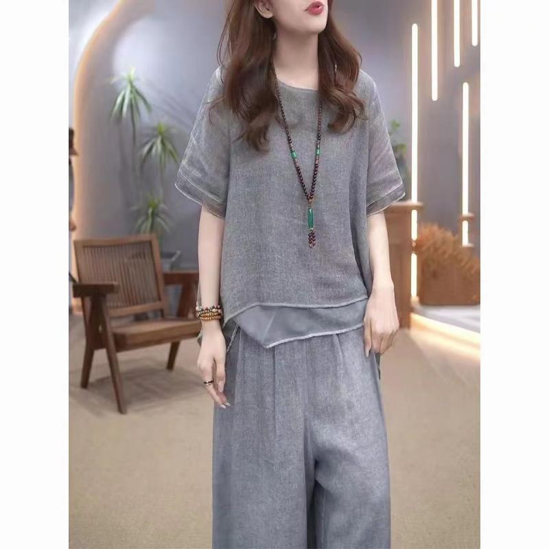 Elegante Conjunto de 2 Piezas de Lino de Algodón Suelto de Color Sólido para Mujer