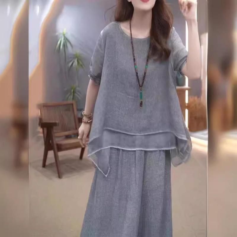 Elegante Conjunto de 2 Piezas de Lino de Algodón Suelto de Color Sólido para Mujer