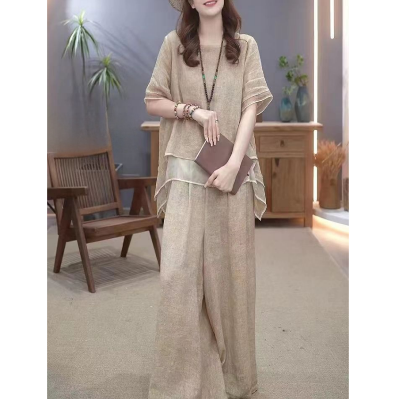 Elegante Conjunto de 2 Piezas de Lino de Algodón Suelto de Color Sólido para Mujer