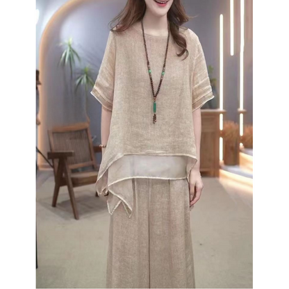 Elegante Conjunto de 2 Piezas de Lino de Algodón Suelto de Color Sólido para Mujer
